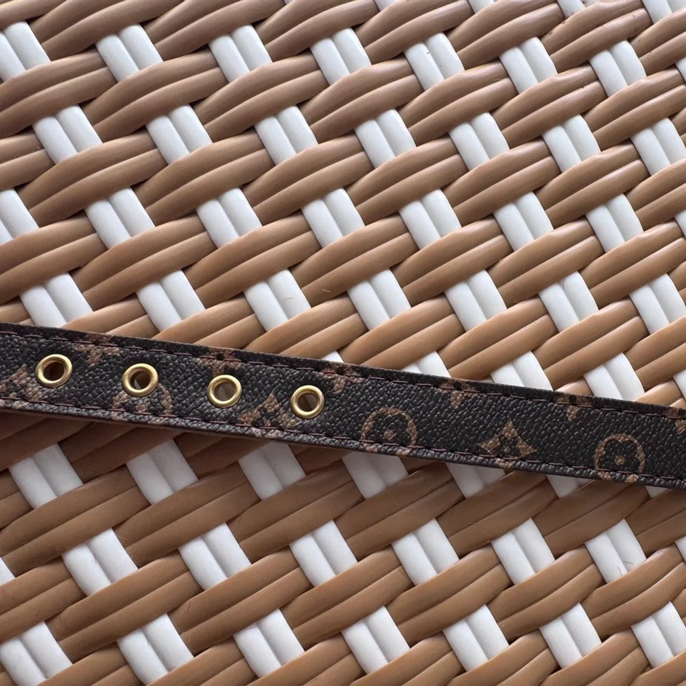 Monogram Brown Dog Pet Collar Gold Hardware Adjustable Size M 16”